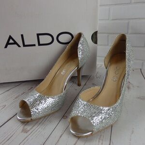 NEW Aldo Froperk Women Peep-Toe Silver Heels‎ 6